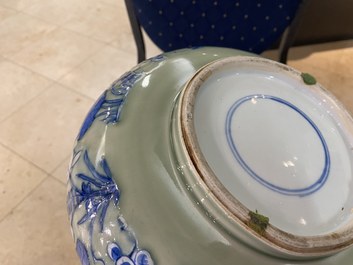 A Chinese blue and white celadon-ground censer, Kangxi